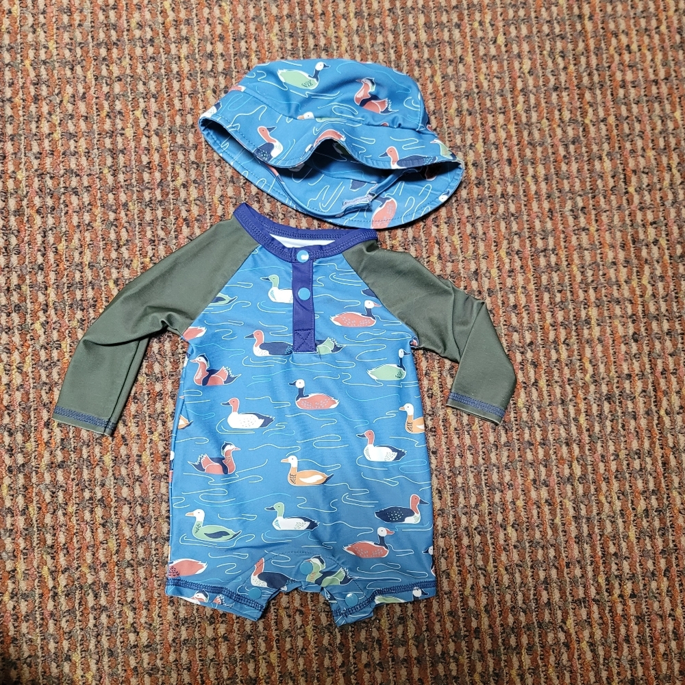Mud Pie Baby Boy Rashguard One Piece Swimsuit and Hat Set, 0-3 months